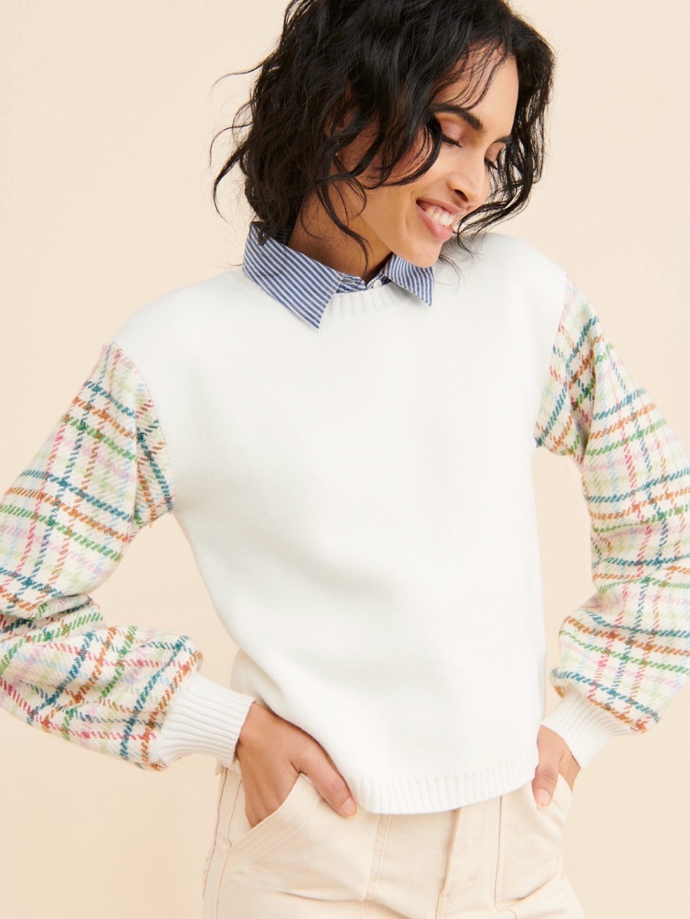 English Factory Checkered Sleeve Knit top Sweater Plaid Puff Sleeve Medium
